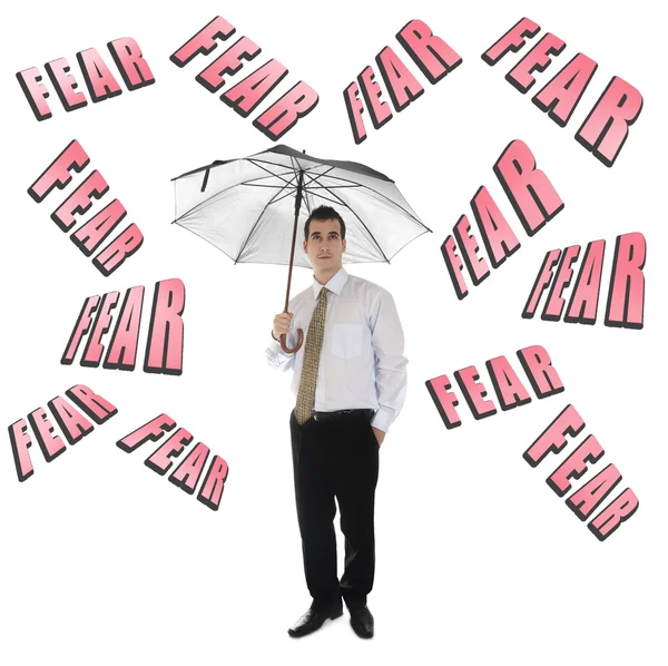 Φοβούνται το λέξη και επιχείρηση άνθρωπος με ομπρέλα — Φωτογραφία Αρχείου