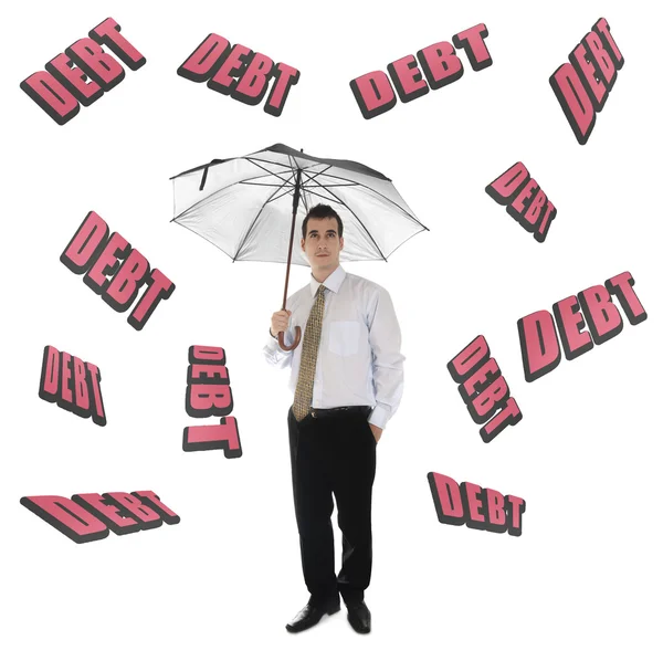 Mot de dette et homme d'affaires avec parapluie — Photo