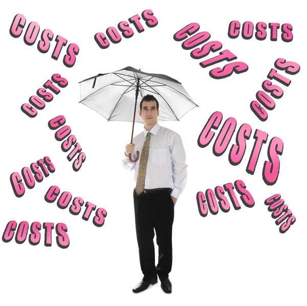 Custa palavra e homem de negócios com guarda-chuva — Fotografia de Stock