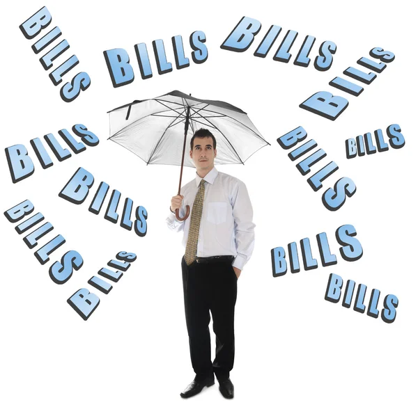 Λογαριασμούς λέξη και επιχείρηση άνθρωπος με ομπρέλα — Φωτογραφία Αρχείου