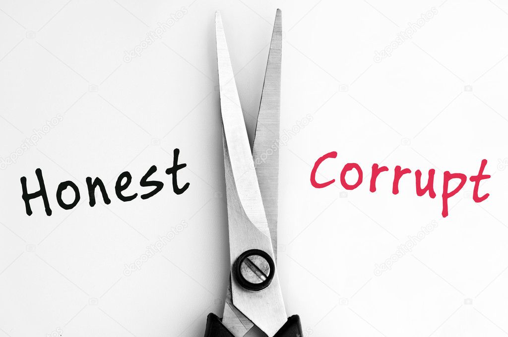 Honest and Corrupt words with scissors in middle