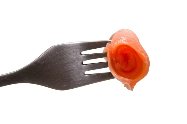 Gulungan potongan salmon pada garpu — Stok Foto