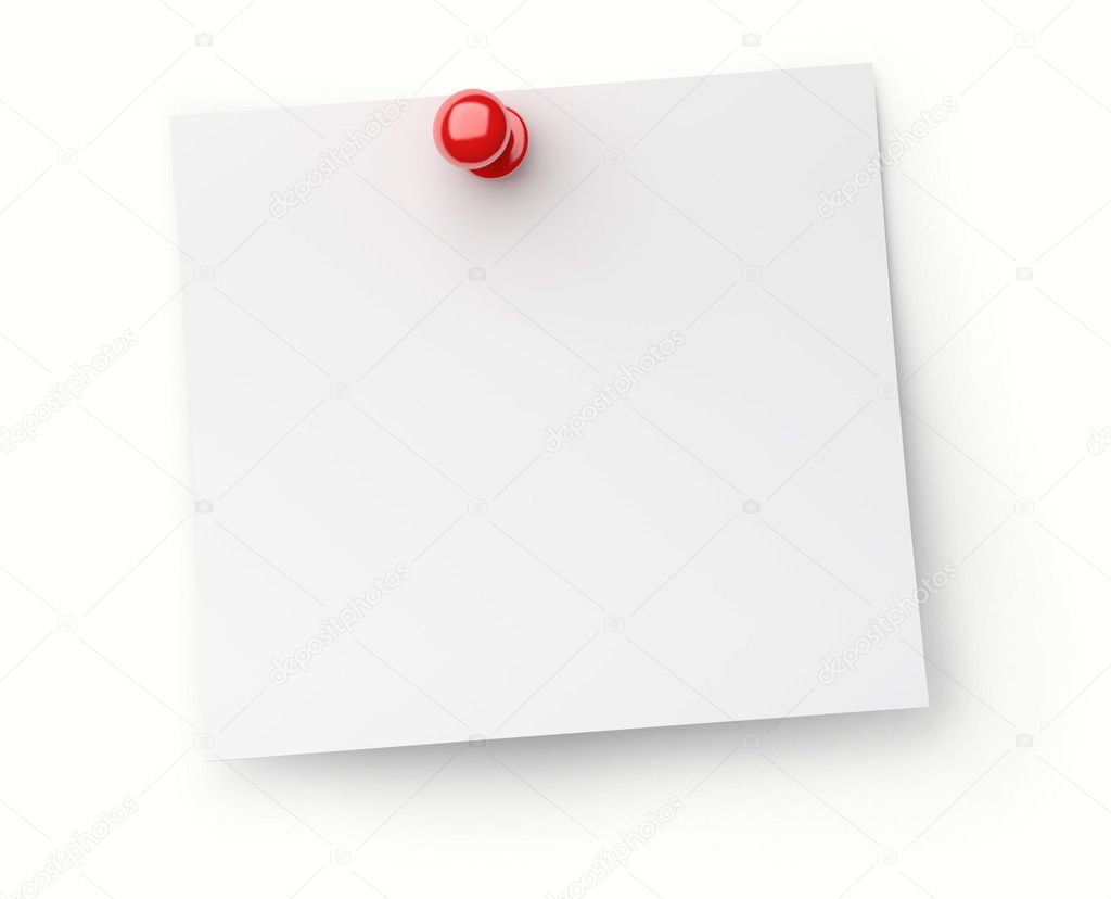 Note paper with red push pin isolated on white background