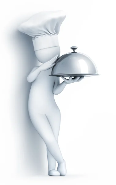 Chef with a cloche, on white background, 3d render — Stock Photo, Image