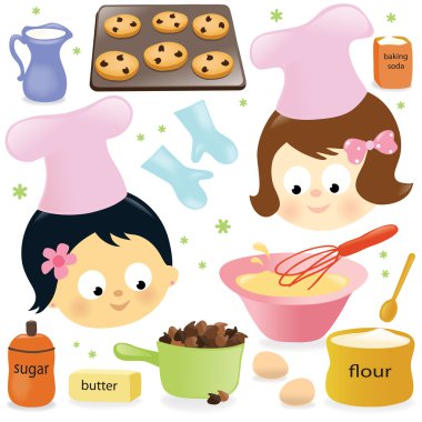 Two girls baking chocolate chip cookies clipart