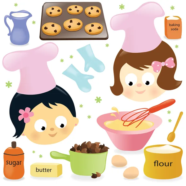 Dos chicas horneando galletas con chispas de chocolate — Vector de stock