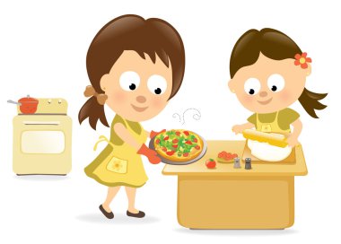 Mother and daughter baking pizza clipart