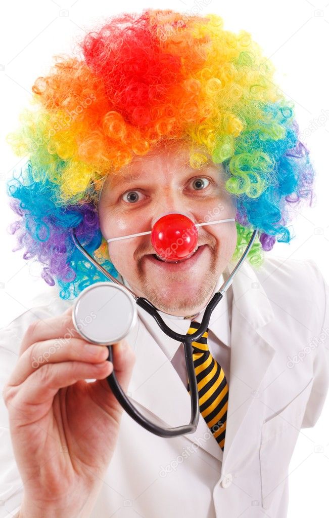 Funny clown doctor with stethoscope