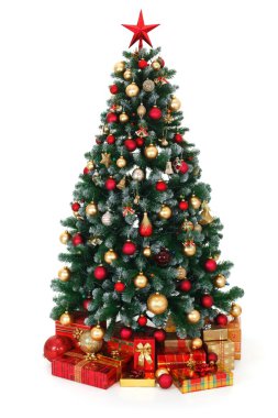 Green decorated Christmas tree and presents clipart