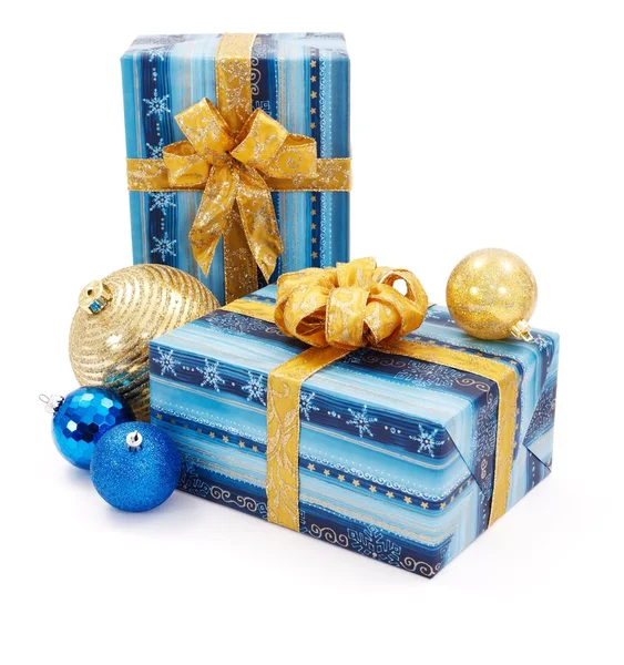 Blue - golden Christams presents and ornaments — Stock Photo, Image