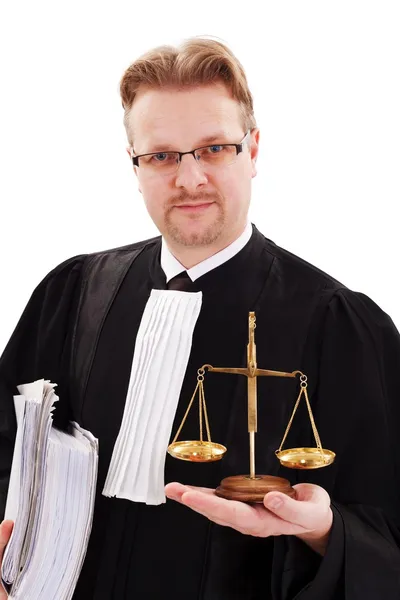 Serious judge showing justice scale — Stock Photo, Image