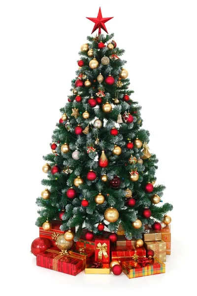 グリーンに装飾されたクリスマス ツリー、プレゼント ストック画像