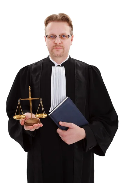 Judge with golden scale of justice — Stock Photo, Image