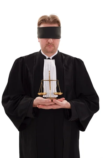 Blindfold lawyer with golden scale of justice — Stock Photo, Image