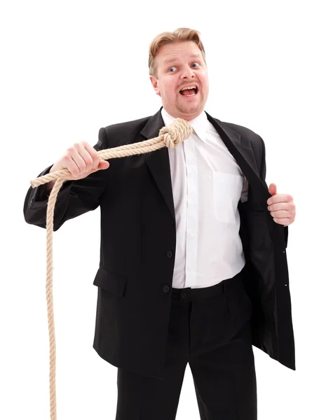 Desperate businessman with gallow rope — Stock Photo, Image