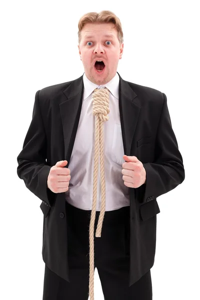 Businessman with gallow rope in neck — Stock Photo, Image