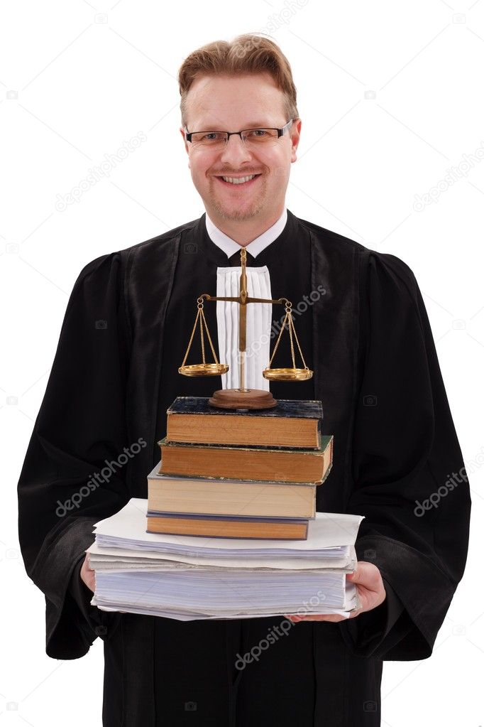 Happy judge holding justice scale and paperwork