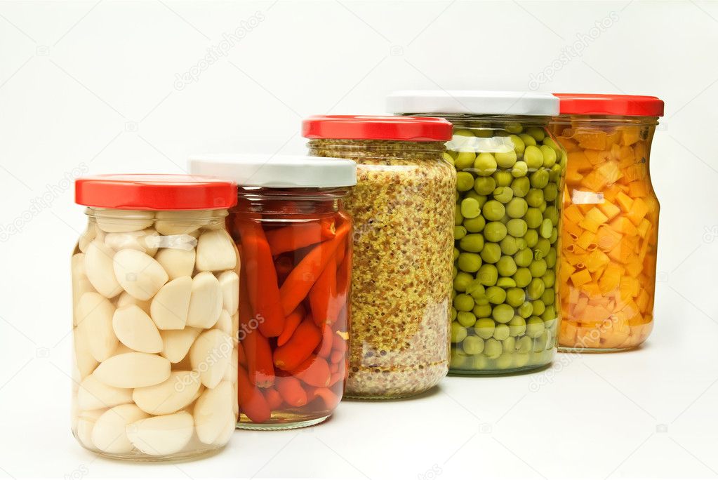 Five jars of preserved food