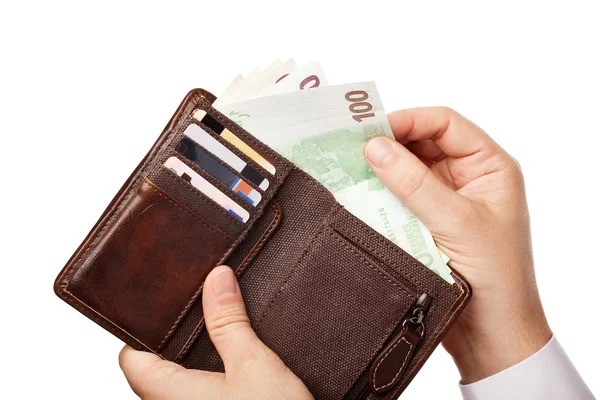 Kahverengi cüzdan holding işadamı eller — Stok fotoğraf