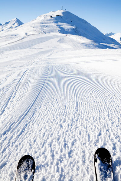 View on empty fresh-made ski slope