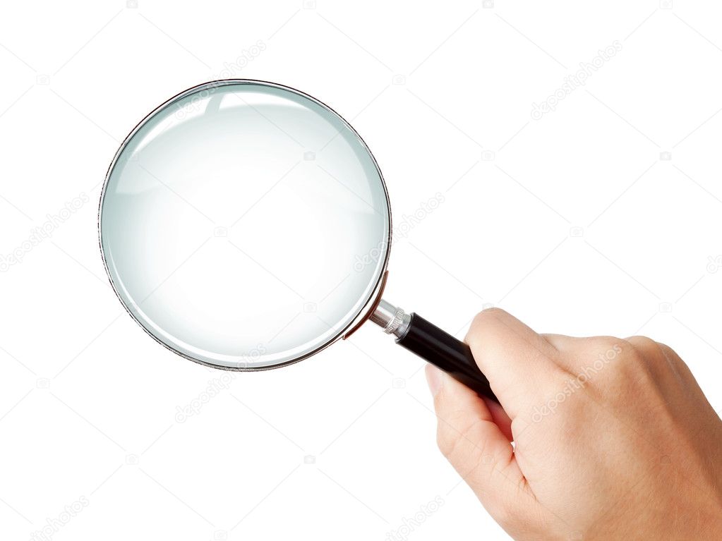 Man's hand, holding classic styled magnifying glass