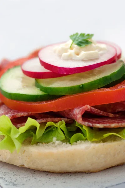 Delicioso sándwich de jamón, queso y salami —  Fotos de Stock