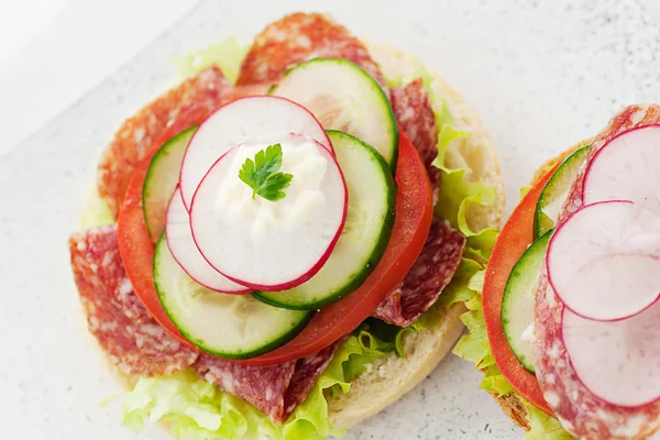 Delicious ham, cheese and salami sandwich — Stock Photo, Image