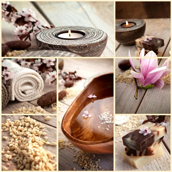 Wellness-Collage mit Magnolienblüte — Stockfoto