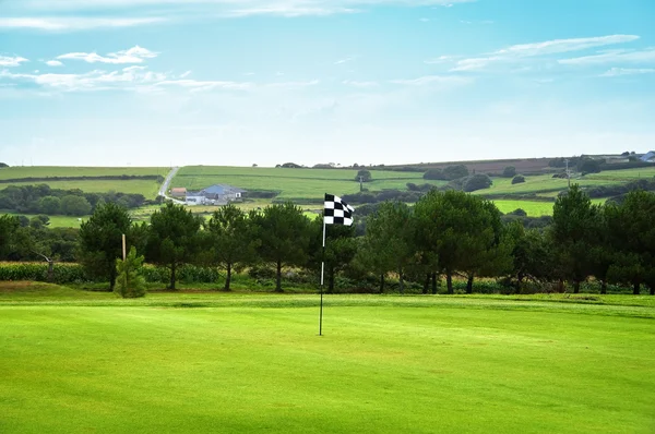 Golf vert avec un drapeau à carreaux - campagne en arrière-plan — Photo