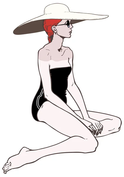 Mujer sexy joven en traje de baño con un sombrero grande, ilustración vectorial — Vector de stock