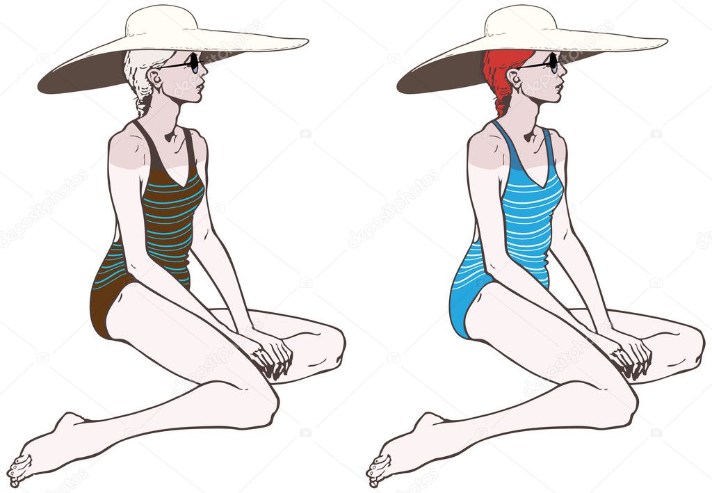 Young sexy women in swimsuit with a large hat, vector illustration