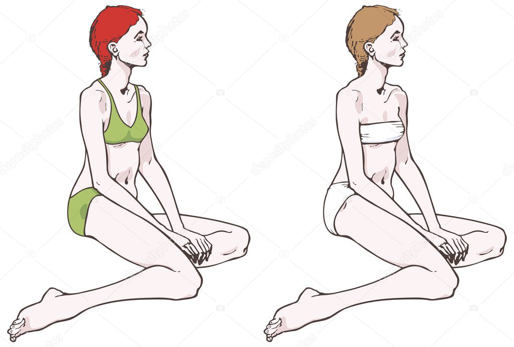 Naked girls in green swimsuit and underclothes, vector illustration