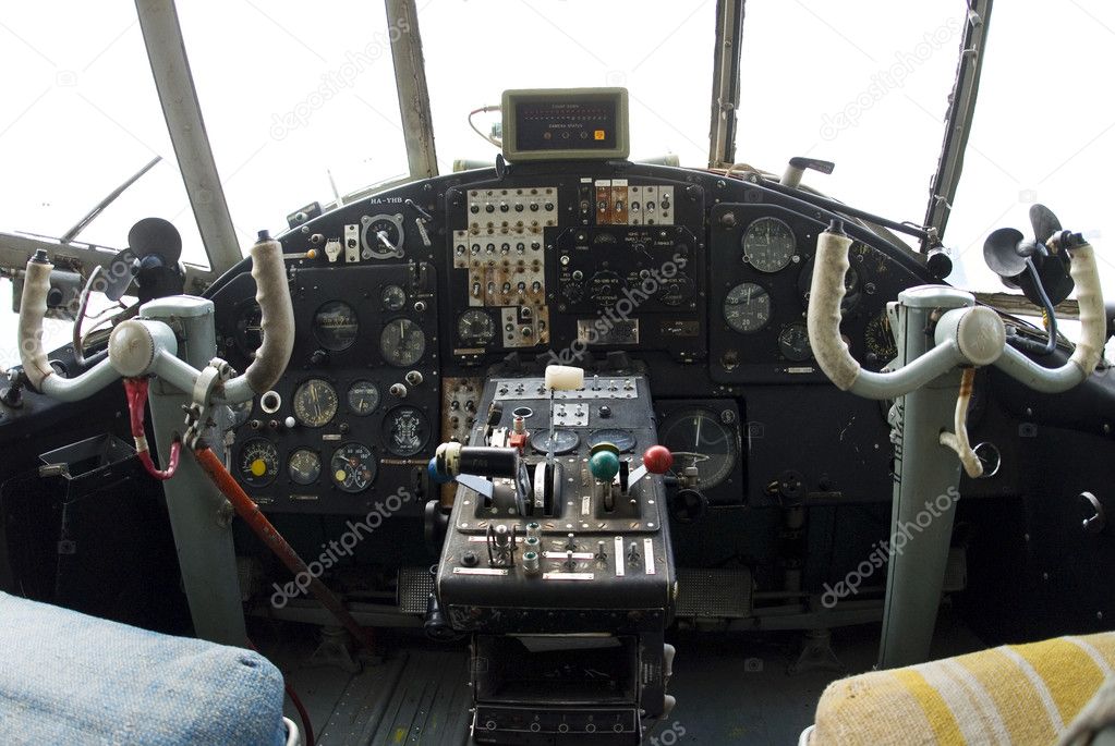 Controls and equipment in cockpit of veteran airplane