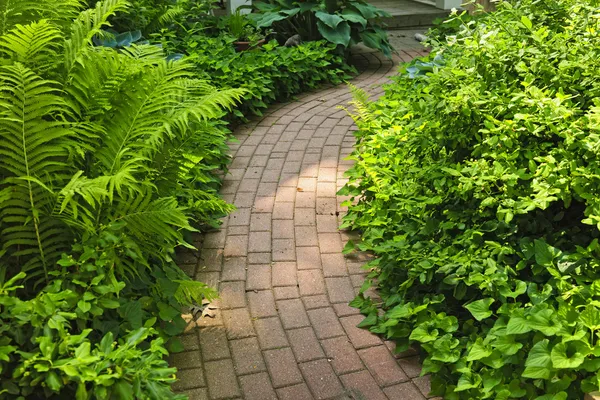 Baksteen pad in aangelegde tuin — Stockfoto