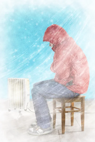 Homem congelante dentro de casa — Fotografia de Stock