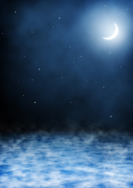 Dark blue background with starfield over water. Glowing moon shines through milky fog.