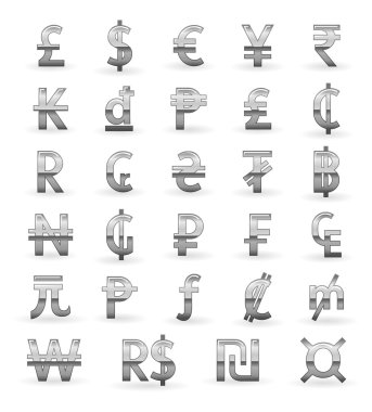 Silver currency symbols of the world clipart