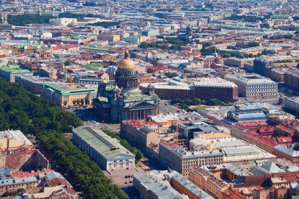 Birdseye view of St. Isaac cathedral and surroundings in St. Petersburg, Russia