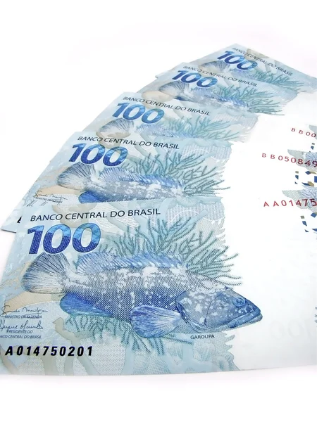 Detalhe da obra de arte de garoupa (Epinephelus lanceolatus) sobre notas de 100 reais do brasil — Fotografia de Stock