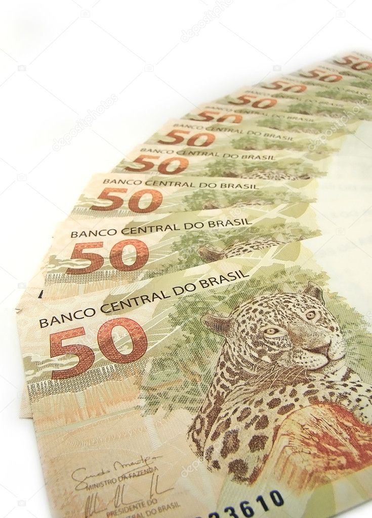 Jaguar (panthera onca) artwork on 50 reais banknote from brazil