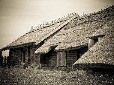 eski ahşap evlerin thatched çatı Köyü