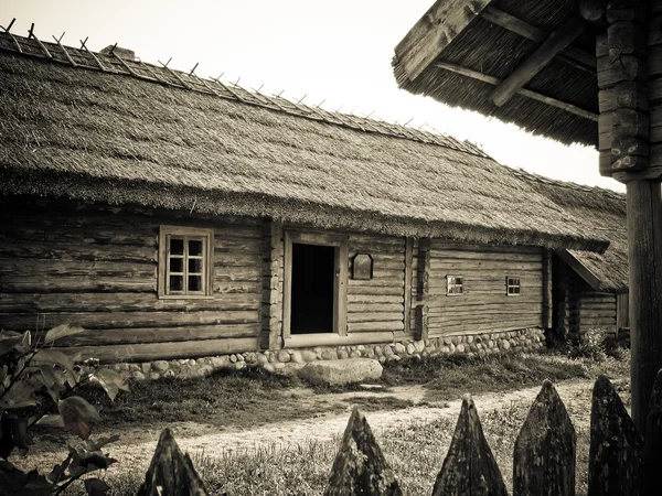 Drewniane domy z krytym strzechą dachem w miejscowości — Zdjęcie stockowe