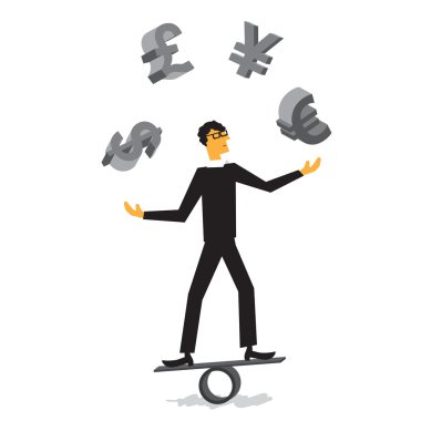 Businessman in a suit juggles coins clipart