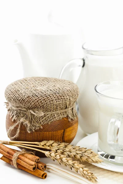 stock image Fresh milk in the jug and cup and croissant