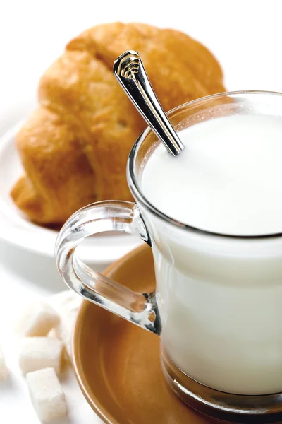 stock image Fresh milk in the jug and cup and croissant