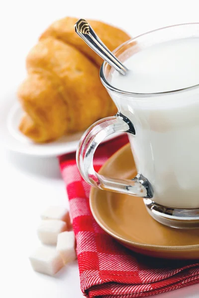 Frisk mælk i kande og kop og croissant - Stock-foto