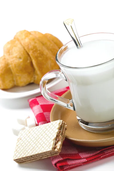 Frisk mælk i kande og kop og croissant - Stock-foto