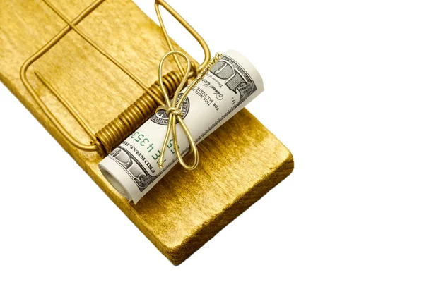 Goldene Mausefalle mit gerollten Dollarködern — Stockfoto