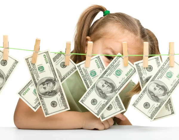 Aranyos kislány papírpénz - dollár — Stock Fotó