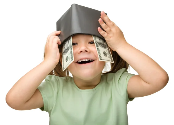 stock image Cute little girl with paper money - dollars